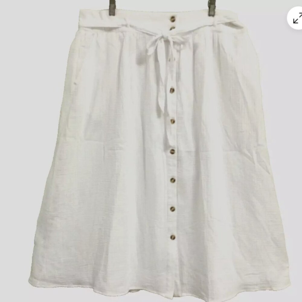 Gibson & Latimer Women Siz XXL Midi Skirt Lined Full White Gauze Button Tie Belt
